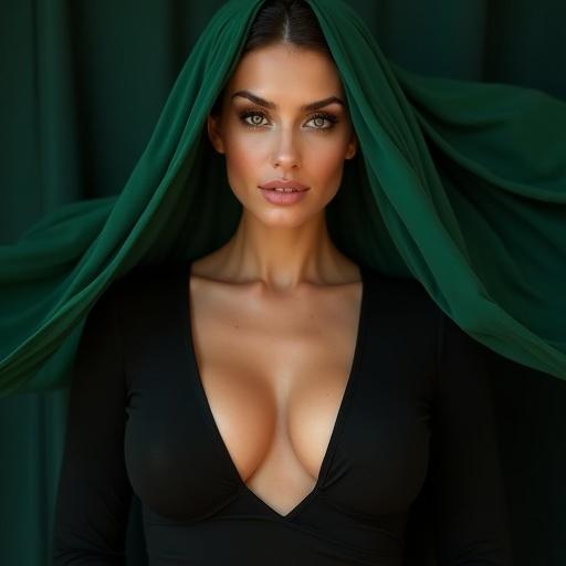 A confident fair-skinned individual with detailed eye makeup wearing a flowing emerald green fabric over their head. Dark open-front garment reveals the upper torso, emphasizing the chest curvature. Eyes are partially closed, conveying intense focus and a playful smile. Dramatic lighting highlights skin textures and clothing openness. Overall atmosphere evokes liberated expression and allure.