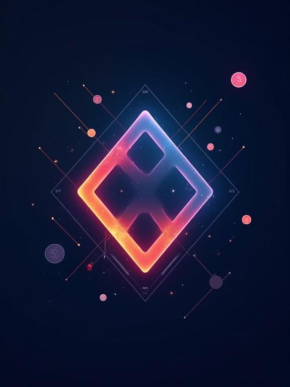 Abstract logo with a glowing diamond shape. Colorful neon effect with a dark background. Representations of digital currencies. Graphical elements suggesting blockchain technology.