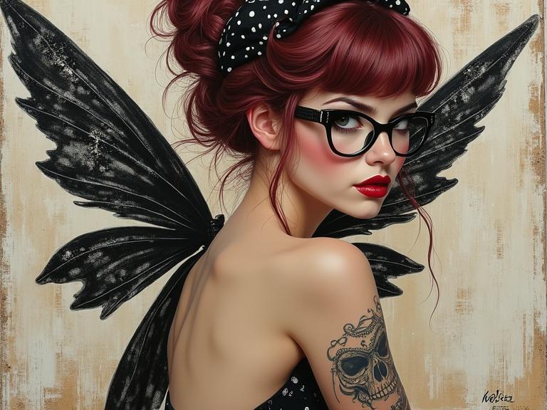 Alluring Gothability woman fairy with Rockabilly pin-up style. Features polka dot wings, maroon hair up, black kitten hair clips. Wears black and white pin-up dress with skull motif. Accessories include bandana, cat-eye glasses, heavy eyeliner, bold red lipstick. Displays black cat tattoo on arm. Mixed media art with textured materials, scratches, and drops.
