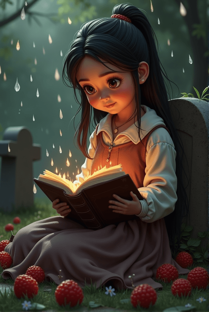 A young girl reads a glowing book in a serene forest surrounded by large red berries and floating droplets.