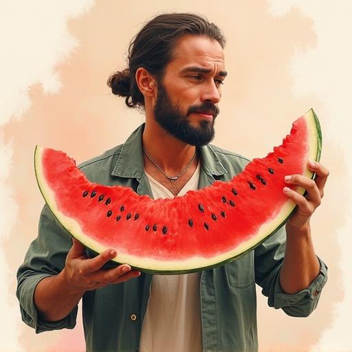 A man presenting a large slice of watermelon. The artwork features traditional gouache painting techniques. The finish is soft with visible brush strokes and organic texture. Rich colors use natural bleeding and watercolor-like effects. A hand-painted aesthetic includes imperfect edges and authentic artistic details. The palette is warm and earthy. The composition is painterly with flowing organic shapes.