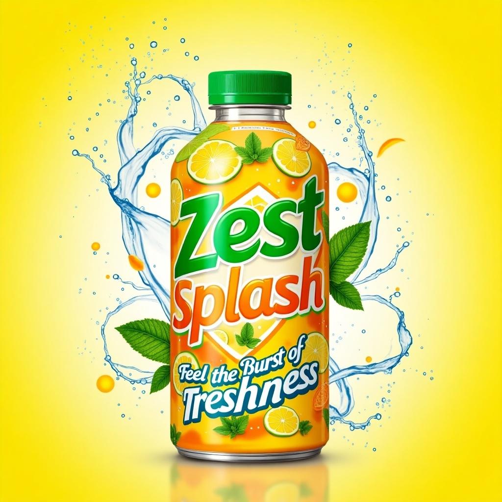 Vibrant label design for Zest Splash beverage. Colorful background with eye-catching graphics. Product name at top, bold playful typography. Decorative border with flavor elements. Space for tagline at bottom, elegant lettering. Fresh and inviting for modern market.