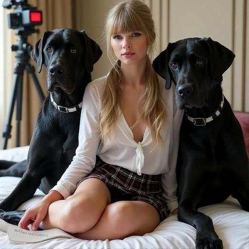 A young woman sits on a bed with two large black Great Danes. She wears a school uniform style outfit. She holds a paper about auditions. Video cameras are visible in the background. The angle creates a dynamic effect.