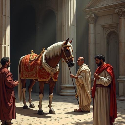Lavish stable of Incitatus, dark cartoon style. Depicts Caligula's horse Incitatus in marble stall. Horse has richly embroidered blanket and ivory collar. Stall features polished ivory manger and golden chains. Servants treat horse like royalty. Dim lighting with shafts of light illuminates dust. Style showcases grim irony with muted earth tones and heavy shadows.