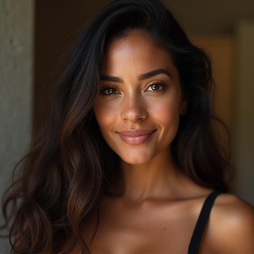 Generate an image of a Colombian actress with a warm and inviting expression. Soft lighting highlights the features. Natural beauty and elegance.