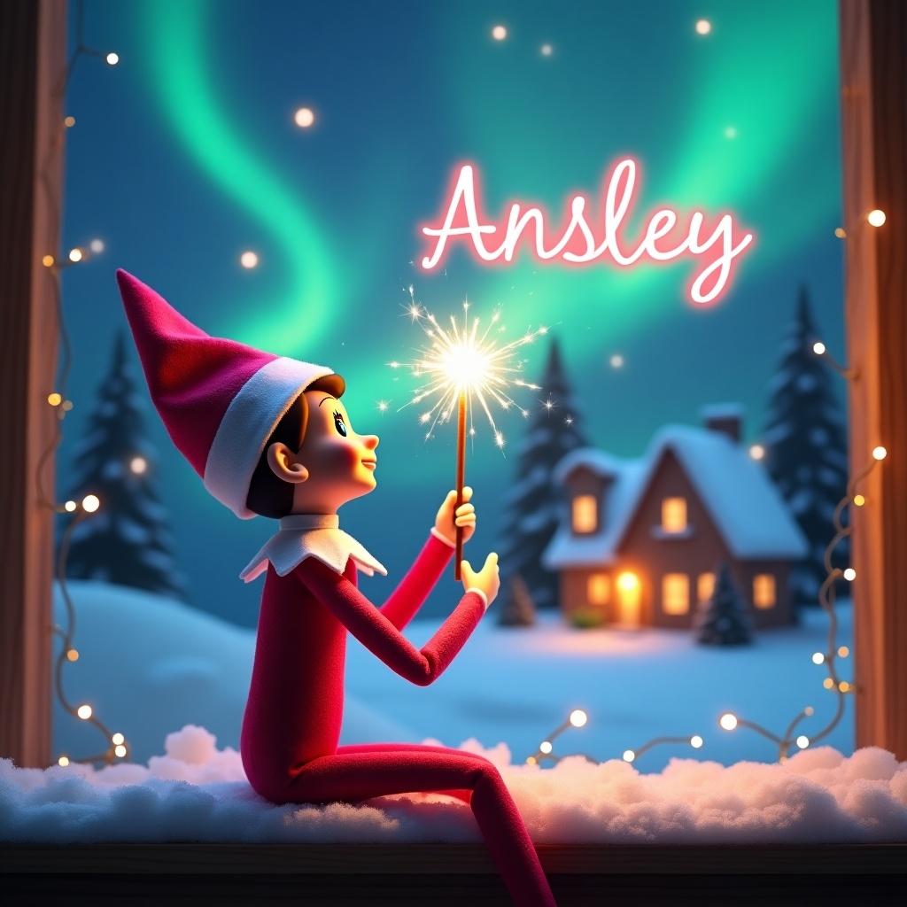 A pink elf on the shelf sits with her back to the viewer. She gazes skyward while holding a glowing wand. The wand emits sparkling light. Background showcases colorful northern lights above. A cozy, holiday-decorated house is in the distance. Snow covers the ground, enhancing the winter atmosphere. The elf's playful position captures the magic of Christmas.