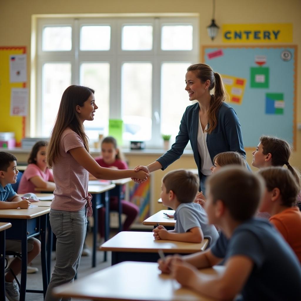 A teacher is engaged in a warm handshake with a student in a bright classroom. The atmosphere is welcoming and focused on learning. Students are seated at their desks, looking attentively toward the front of the room. Natural light fills the space, creating an inviting environment. The teacher appears professional and approachable, symbolizing a positive educator-student relationship.