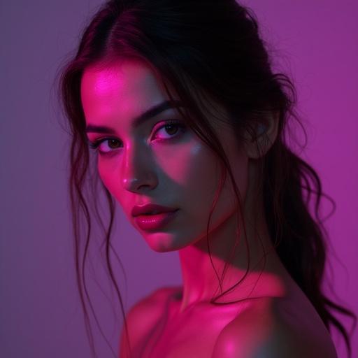 Portrait of an Italian girl capturing casual vibe with focus on face and upper body. Background features purple neon letters 'Fora do Roteiro' and a skull, showcasing elegance and beauty.