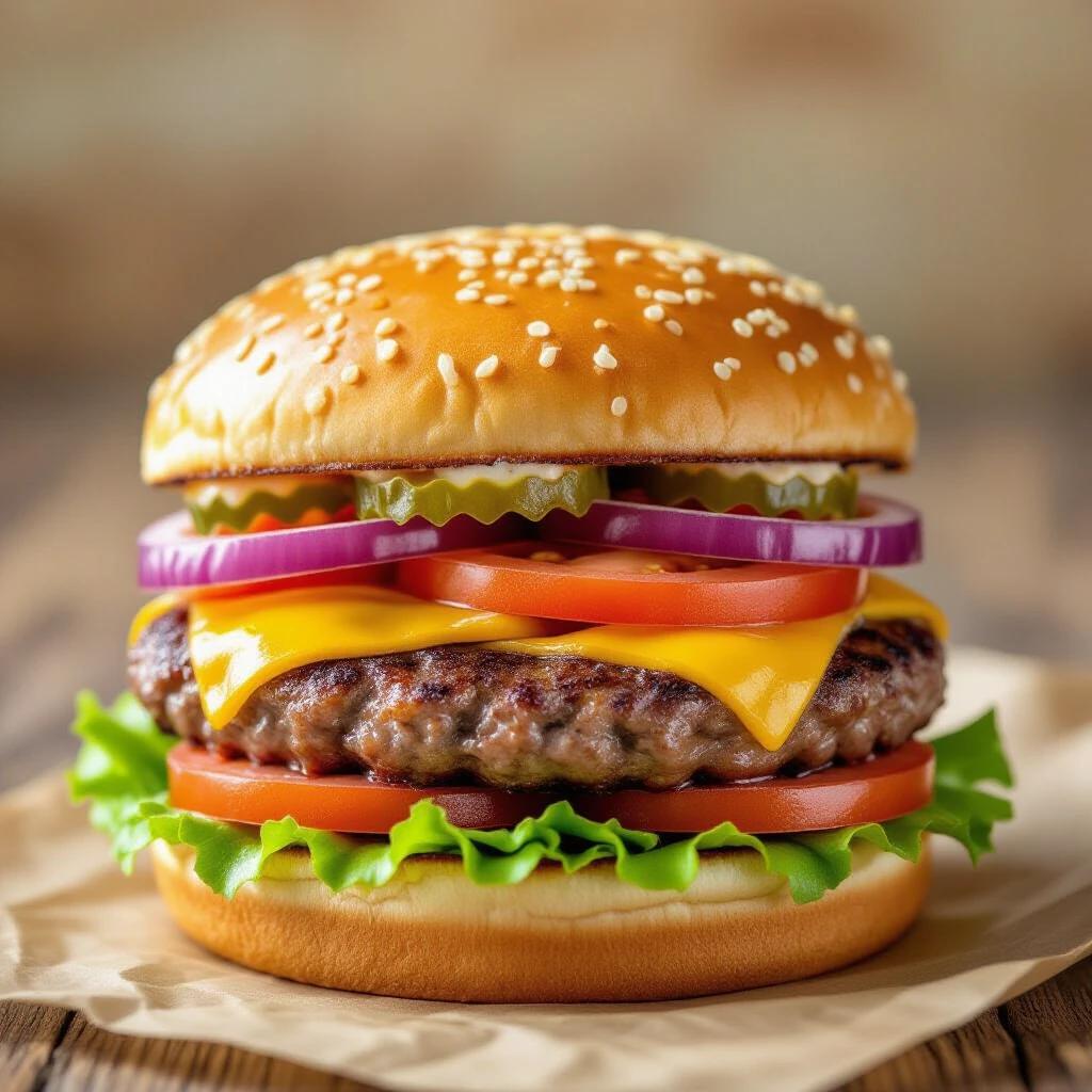 A delicious hamburger with a sesame seed bun. Contains fresh lettuce, tomato, onion, and two slices of melted cheese. The burger patty is juicy and well-cooked. Set on rustic wooden table.