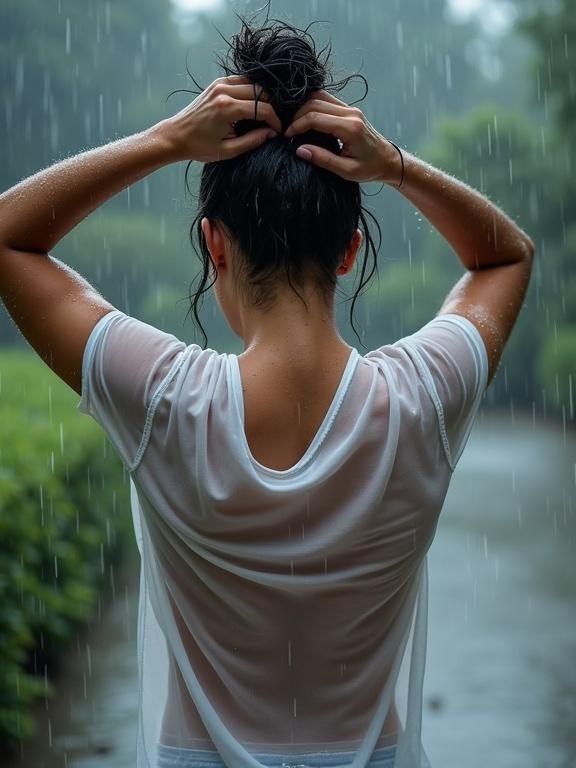 Woman tying hair in a bun. Rain falling on her. Sheer white top sticking to her body. Goosebumps from cold. Facing camera. Full body view in nature.