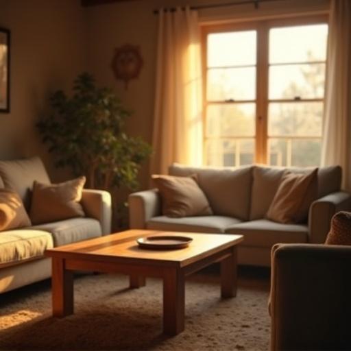 Cozy living room featuring warm tones. Soft light from window. Gentle shadows are cast. Scene feels peaceful and inviting. Emphasis on warm ambient lighting. Natural textures are highlighted. Perfect for showcasing room’s atmosphere.