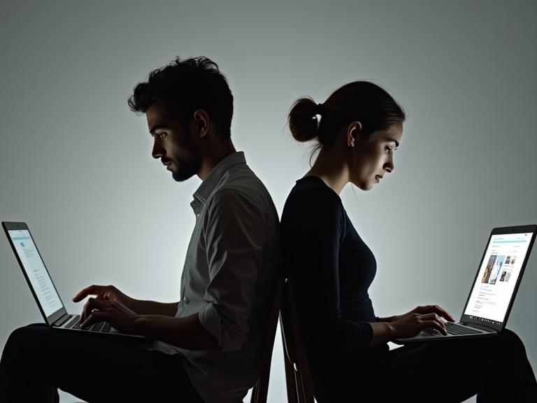 Two people sit back-to-back. One person codes on a laptop. The other analyzes digital campaigns on a laptop.