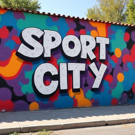 Graffiti mural featuring the word Sport City. Create a vibrant urban wall art.