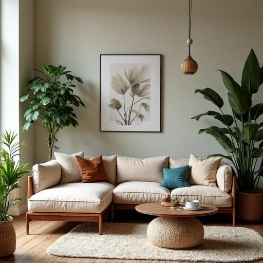 Living room featuring a cozy sofa with decorative pillows and green plants. Natural light brightening the space. Earthy colors complement the interior design.