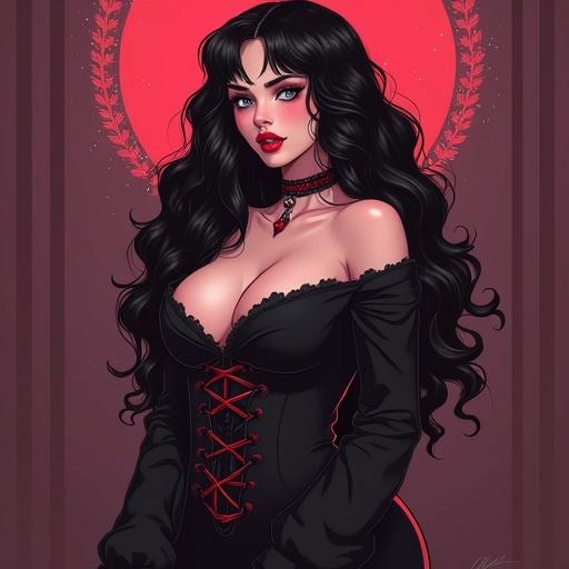 Anime style illustration of a curvy goth woman. She has long black hair and striking features. The background features a red circle and floral details. She wears a black dress with red accents. Her expression is alluring and confident.