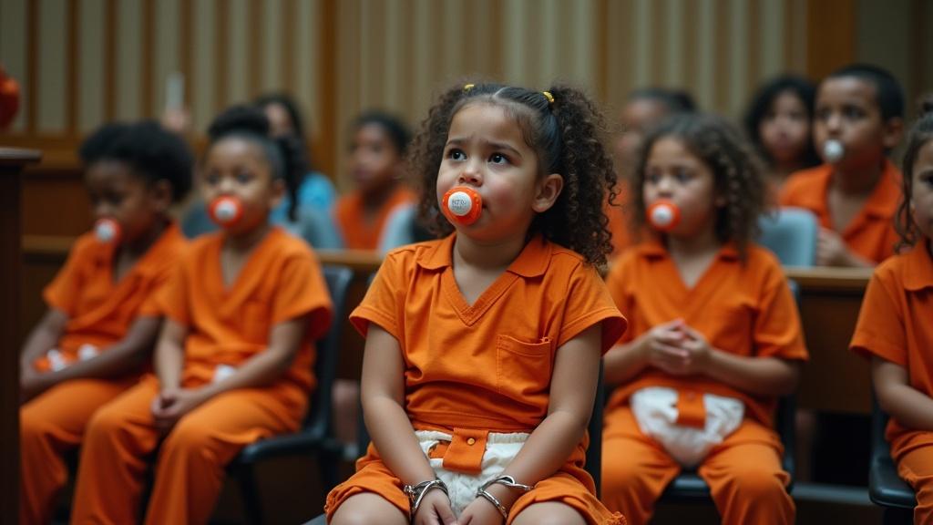 A group of children in orange jumpsuits. They appear in a courtroom setting. All are handcuffed. The main focus is on a tween girl. She is crying and wearing a pacifier. Other children also wear similar outfits and pacifiers. An audience is present. A mother seeks a harsh sentence for her child. The atmosphere is tense and emotional.