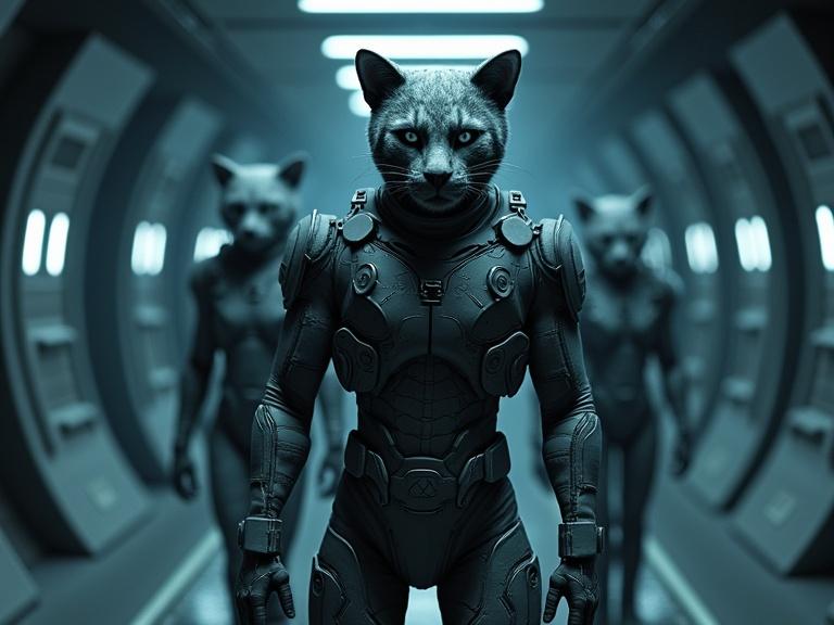 Cinematic buff bulky humanoid feline soldiers wear sci-fi military suits. The background features a grey metal sleek bevel ship's wide corridor with a dark atmosphere. Shadows create a detailed, realistic scene with HDR effects and a blue filter.
