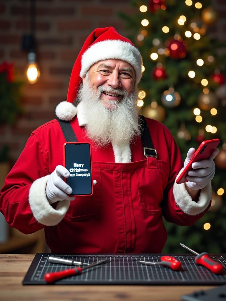 A festive poster features Santa Claus as a mobile repair technician. Santa wears red overalls and a Santa hat. He holds a red smartphone displaying a Merry Christmas message. Tools are around him on a repair mat. A decorated Christmas tree is in the background, creating a joyful atmosphere.