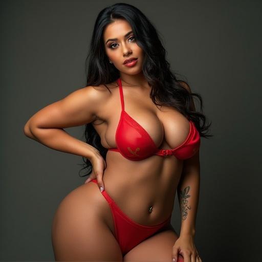 A woman with a curvy body in a red bikini posing for a photoshoot against a gray backdrop.