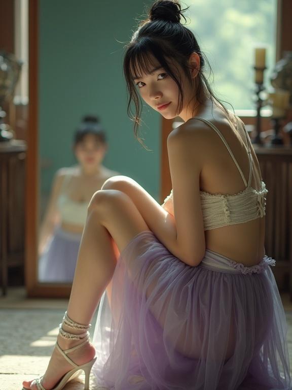 Grungy analog photo featuring petite girl in a feudal garden. Seated in front of the mirror. Wearing light purple mini skirt and cream foam bra. Smiling softly. High heels on floor. Slightly overexposed and unedited.