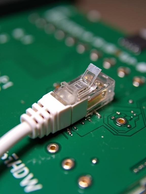 Close-up of stripped Cat6 cable connector on green printed circuit board.