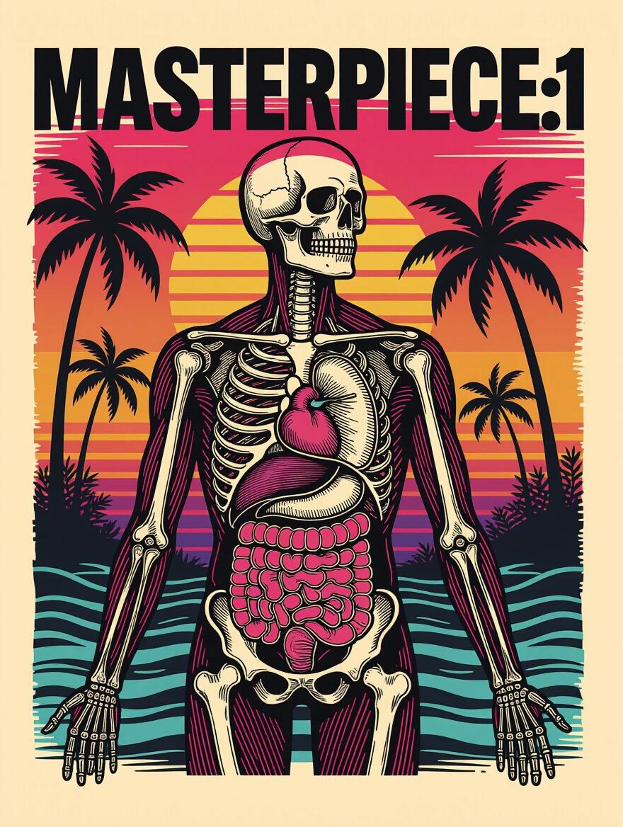 Visually striking artwork blending traditional printmaking with vaporwave aesthetics. Features an anatomically detailed skeleton on a surreal background. Bold black linework contrasts with vibrant gradients. Includes palm tree silhouettes and retro geometric shapes.