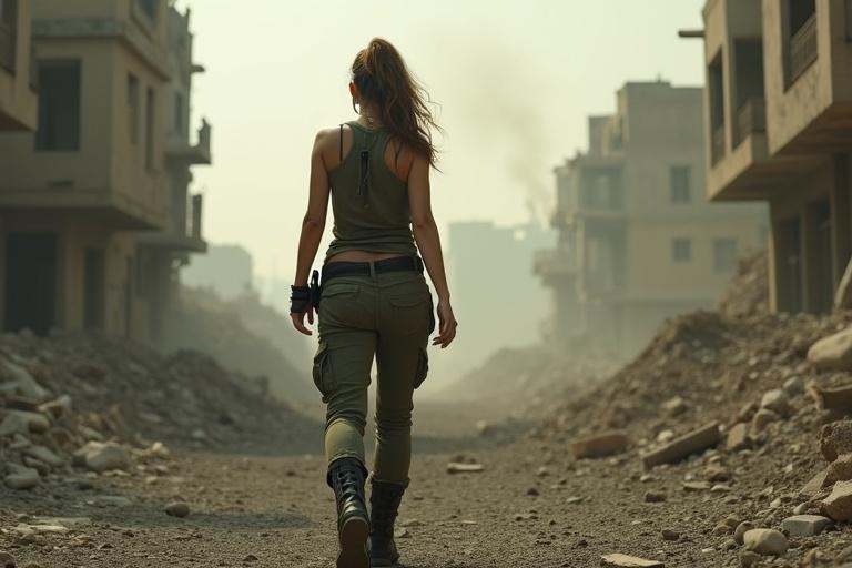 Wide shot of a fighter girl walking towards the outskirts of a broken city. The background shows crumbled buildings leading to a barren wasteland. She wears a rugged olive green tank top and fitted cargo pants. Dust covers her clothing. Black combat boots crunch over gravel on the ground. Her silhouette is strong and composed against the dim horizon. Symbolizes survival and determination as she leaves the nightmare behind.