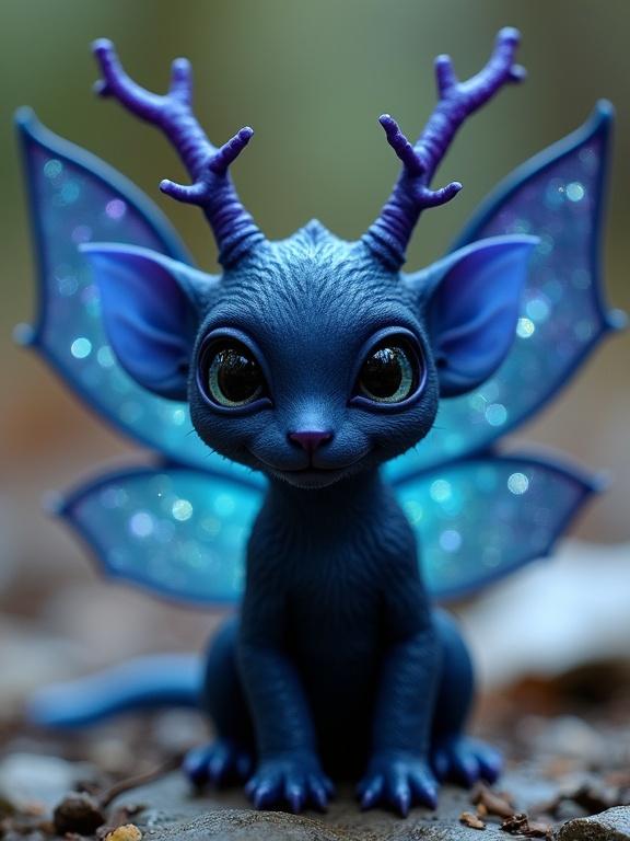 A fantastical creature with deep blue fur and large transparent wings. Wings have a light blue color with sparkling patterns. It has antlers and big eyes. Body is stout with a long tail. Appears inquisitive and magical.