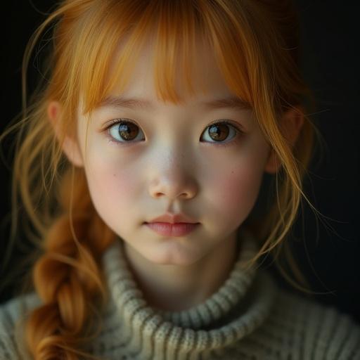Portrait of a girl with captivating eyes. Soft lighting against a dark background. Yellow hair and a Chinese face. Emphasis on innocence and beauty.