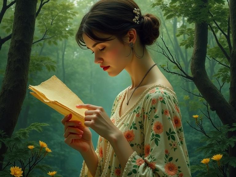 A young woman reads an aged letter amidst a lush green forest. She has a classic, elegant style and appears absorbed in the moment. The setting is serene but carries an air of mystery, with delicate flowers framing her and the light softly illuminating the scene.