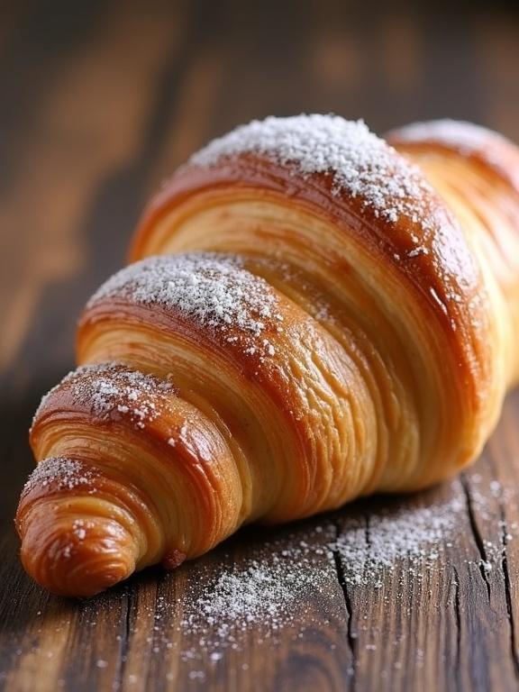 Croissant on a wooden surface sprinkled with powdered sugar. Nearby wheat stalks and a windmill are present.