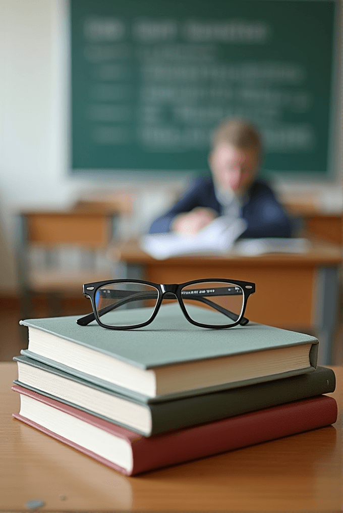 A stack of books with glasses on top sits on a desk in a classroom, while a student works in the background.