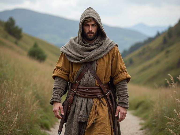 Frontal view of a medieval pilgrim of the Camino de Santiago. Dressed in travel clothing. Carrying a long staff. Shell hanging from the neck. Walking on a path. Mountainous landscape in the background.