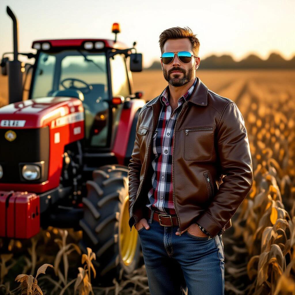 Full-body photo of a charismatic Brazilian farmer in a leather jacket with plaid shirt and jeans. Standing next to a red Massey Ferguson tractor in a soybean field. Golden hour lighting with a cinematic effect.