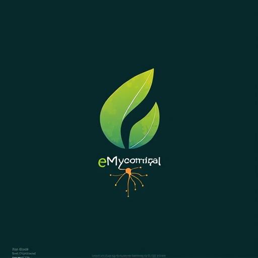 Modern tech-inspired logo for eMycorrhizal. Focus on leaf shape with letter e cut out. Word Mycorrhizal in deep color. Root systems extending from letters with glowing dots. Futuristic yet organic style. Use green, yellow, orange, teal. Suitable for light backgrounds.