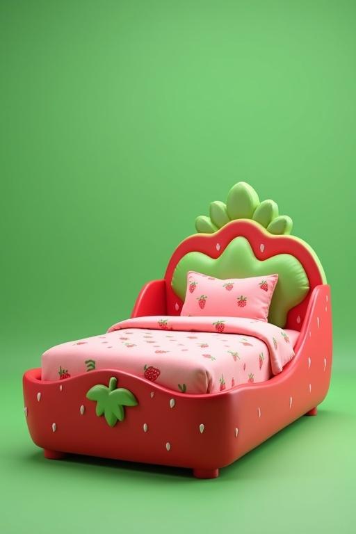 Children's bed designed with strawberry theme. Bed frame shaped like large strawberry with red body and tiny white seed patterns. Green leafy headboard resembling top of strawberry. Soft pink mattress with strawberry-like hue. Pillows shaped like strawberries, blanket with playful strawberry patterns. Vibrant, playful design with smooth textures and soft lighting. Clean green screen background for easy editing.