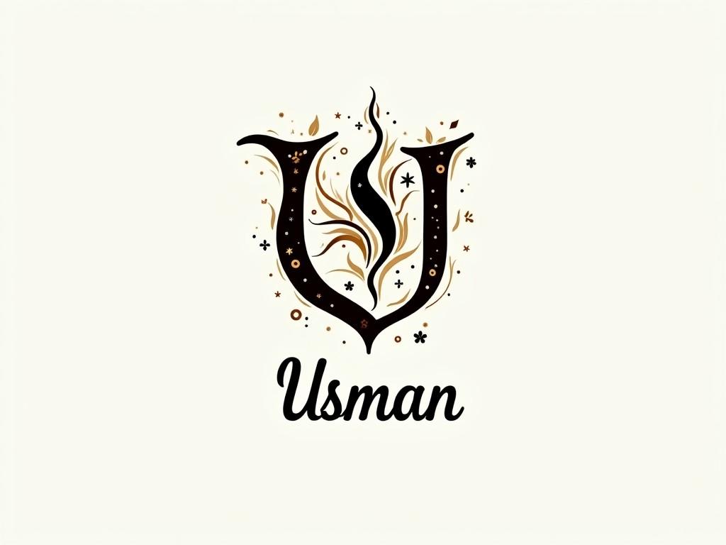 This image showcases a creative logo design featuring the letter 'U' embellished with artistic floral elements. The design is primarily in black, complemented by gold accents, giving it an elegant and modern look. Below the initial, the name 'Usman' is written in a stylish font, enhancing the overall aesthetic. The background is a soft, light color that allows the design to stand out. This logo could be used for personal branding or a creative business venture.