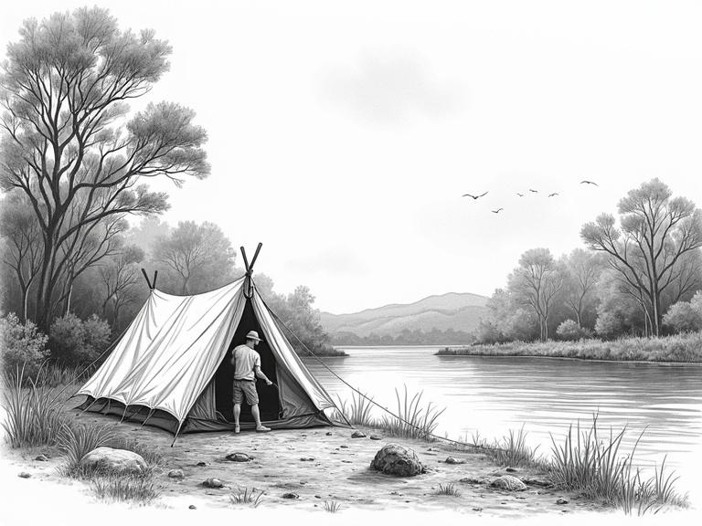 Hyper realistic camping scene with a tent and a man fishing. Australian bush setting depicted in high contrast black and white. Suitable for laser engraving.