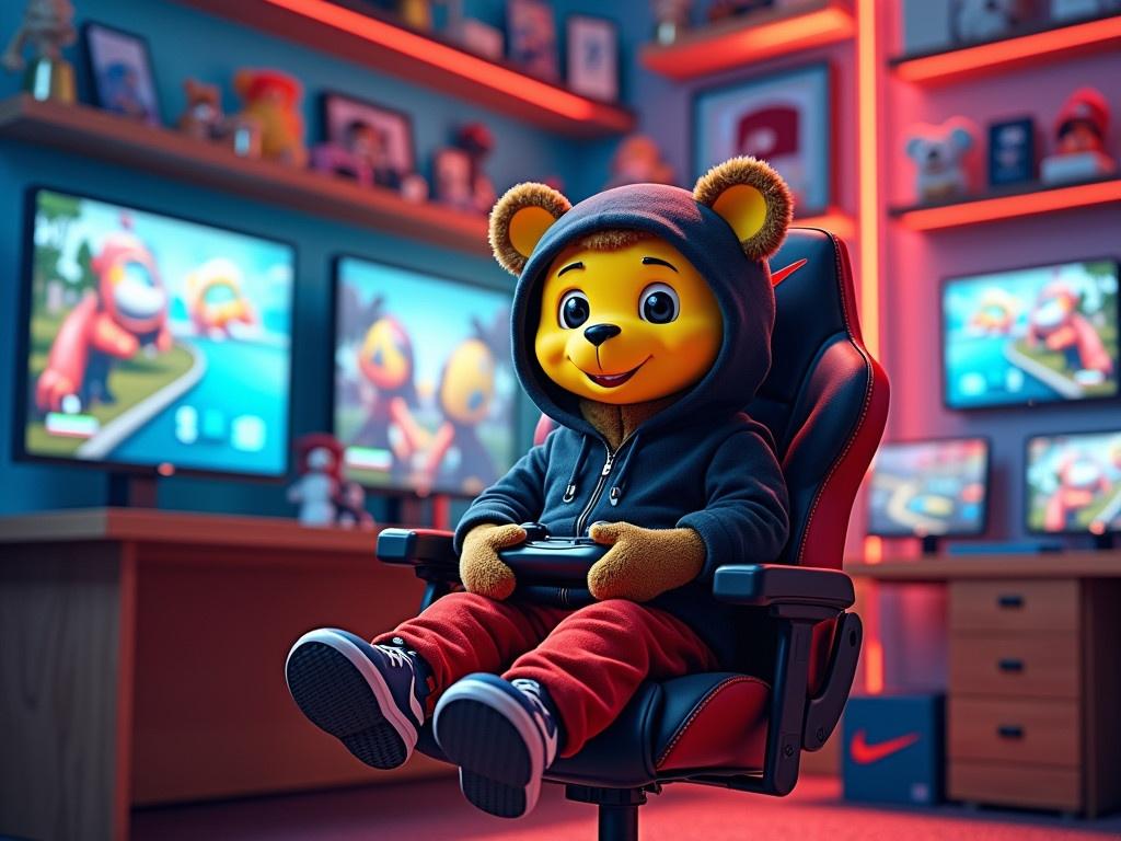 In a colorful gaming room, a playful bear character with a bright yellow face is wearing a black Nike hoodie and red tracksuit. The bear is sitting comfortably in a stylish gaming chair, holding a video game controller, ready to play. Surrounding the bear are shelves filled with Nike merchandise and framed pictures of the bear in various poses. The walls are painted a vibrant mix of blue and red, adding to the energetic atmosphere. Several gaming screens display action-packed games, creating a fun and immersive environment.