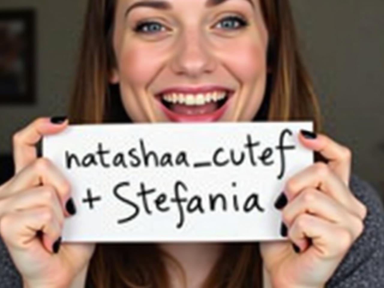 A person is holding up a white piece of paper with the name 'natashaa_cutef + Stefania' written in slim handcrafted black letters. Their fingernails are polished in black, adding a stylish touch to the image. The person has a playful smile that radiates a sense of cheeky allure and confidence. Their eyes sparkle with happiness and curiosity, drawing the viewer in. The background is softly blurred, focusing attention on the subject and the message of the moment.