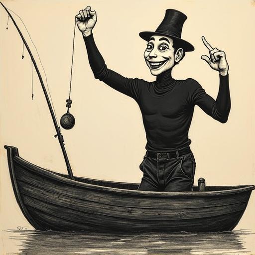 Scratchboard art features a mime in a fishing boat. Fishing pole is inside the boat. Mime raises one hand high with a fist as if holding something imaginary. Mime smiles widely, looking at the imaginary object. Other hand points towards the fist.
