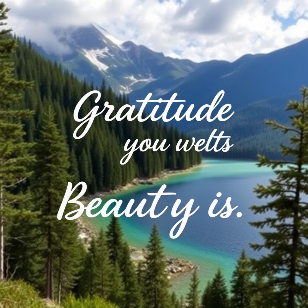 A scenic photograph of a forested mountain landscape with a clear blue lake, overlaid with the inspirational quote 'Gratitude you welts Beauty is.'