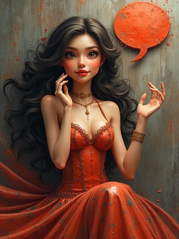 3D woman with long hair in a luxurious dress posing in front of a textured background. Speech bubble saying a kiss emoji. The atmosphere feels rich and artistic.