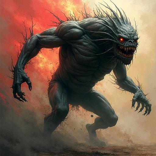 A menacing creature with a powerful build and fiery eyes. Dark background contrasting with vivid red hues. Emphasis on its muscular physique and claws. Portrait of chaos personified.