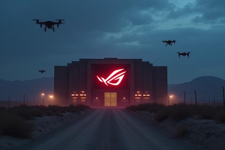 A secret military base inspired by Area 51 in an arid desert under a menacing sky surrounded by high electrified fences automatic turrets and lit watchtowers. Main complex a matte black concrete building with angular futuristic lines displaying a glowing red ASUS ROG logo. Surveillance drones flying silently above the base. Scene captured during blue hour with dramatic backlighting in ultra-high resolution using 85mm lens with low-intensity cinematic lighting to enhance mystery and tension.