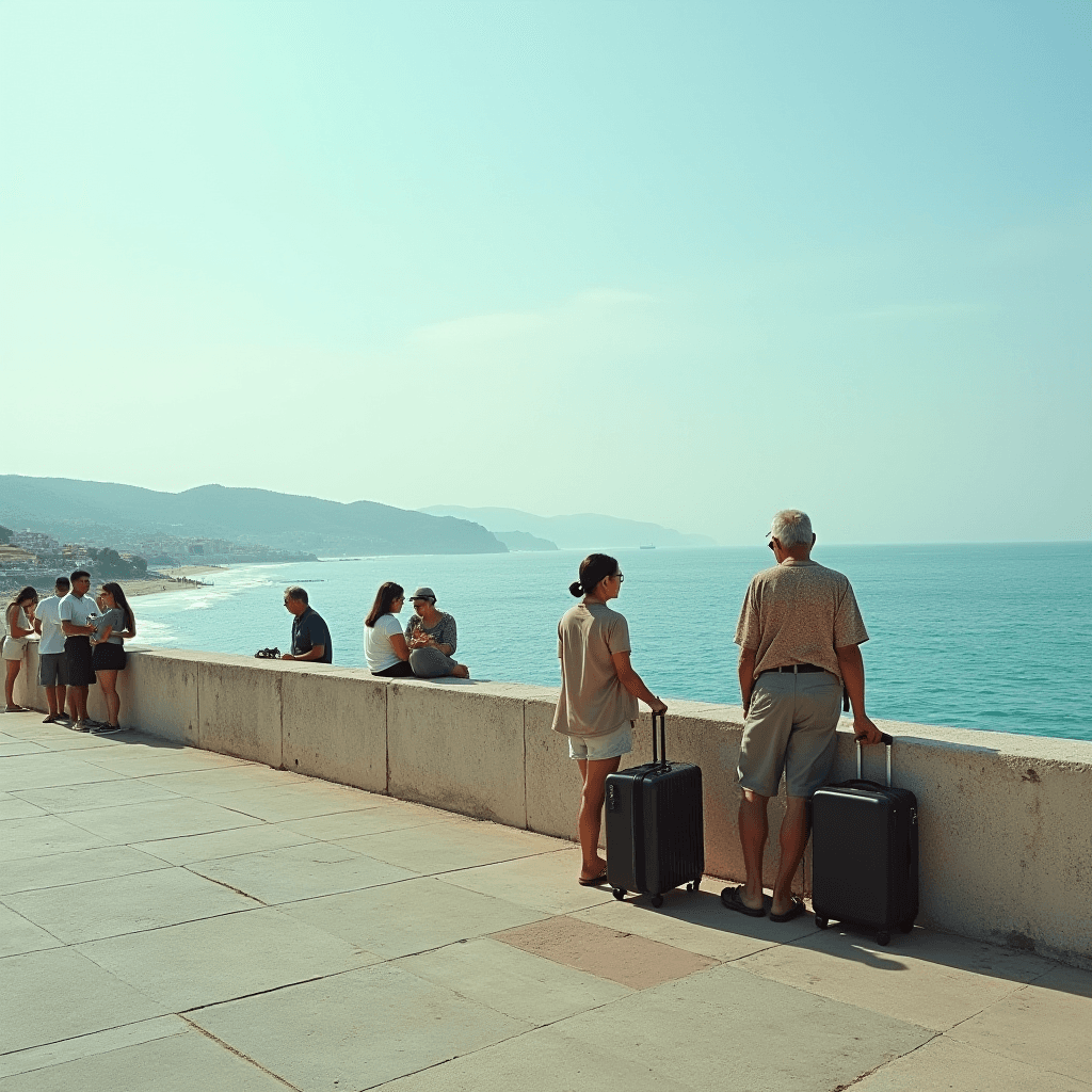 People stand and sit along a seaside wall, enjoying the ocean view and chatting with each other.