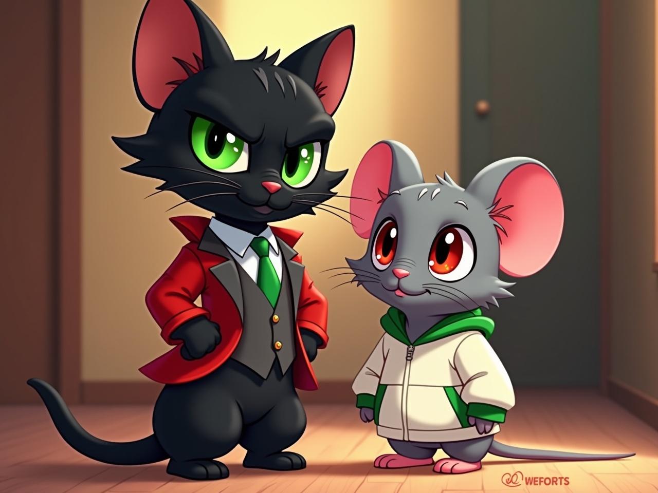 A charming cartoon features an evilish black cat with emerald-green eyes, dressed in a semi-formal red and grey suit. The cat has large expressive eyes and a sly smile, emphasizing its mischievous nature. Beside it is a small, cute grey mouse with big red eyes, wearing a cozy white hoodie with emerald-green accents. The warm and inviting atmosphere is enhanced by soft lighting. The distinct color contrasts between their outfits highlight their unique personalities, creating a playful interaction.