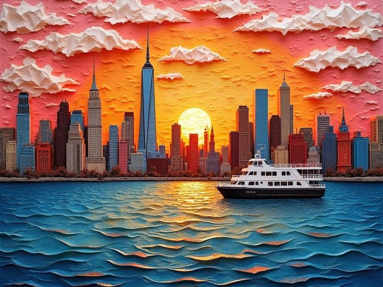 Crafted collage of New York City skyline at sunset using layered fabric textures. Buildings made of colorful textiles. Sky and water depicted with quilted textures. Warm amber and rose colors for sky and cooler blues for water. Mixed media elements like newspaper, jute, and origami. Evokes depth with a stunning composition.