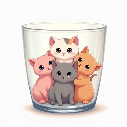 Five adorable anime-style kittens sitting together inside a single transparent glass cup. The glass looks photorealistic with light reflections and shadows. Each kitten has big expressive eyes and colorful soft fur in pink, white, gray, orange, and calico. The style is anime-inspired with high detail and soft shading. Soft studio lighting with a clean white background. High resolution and beautiful composition.