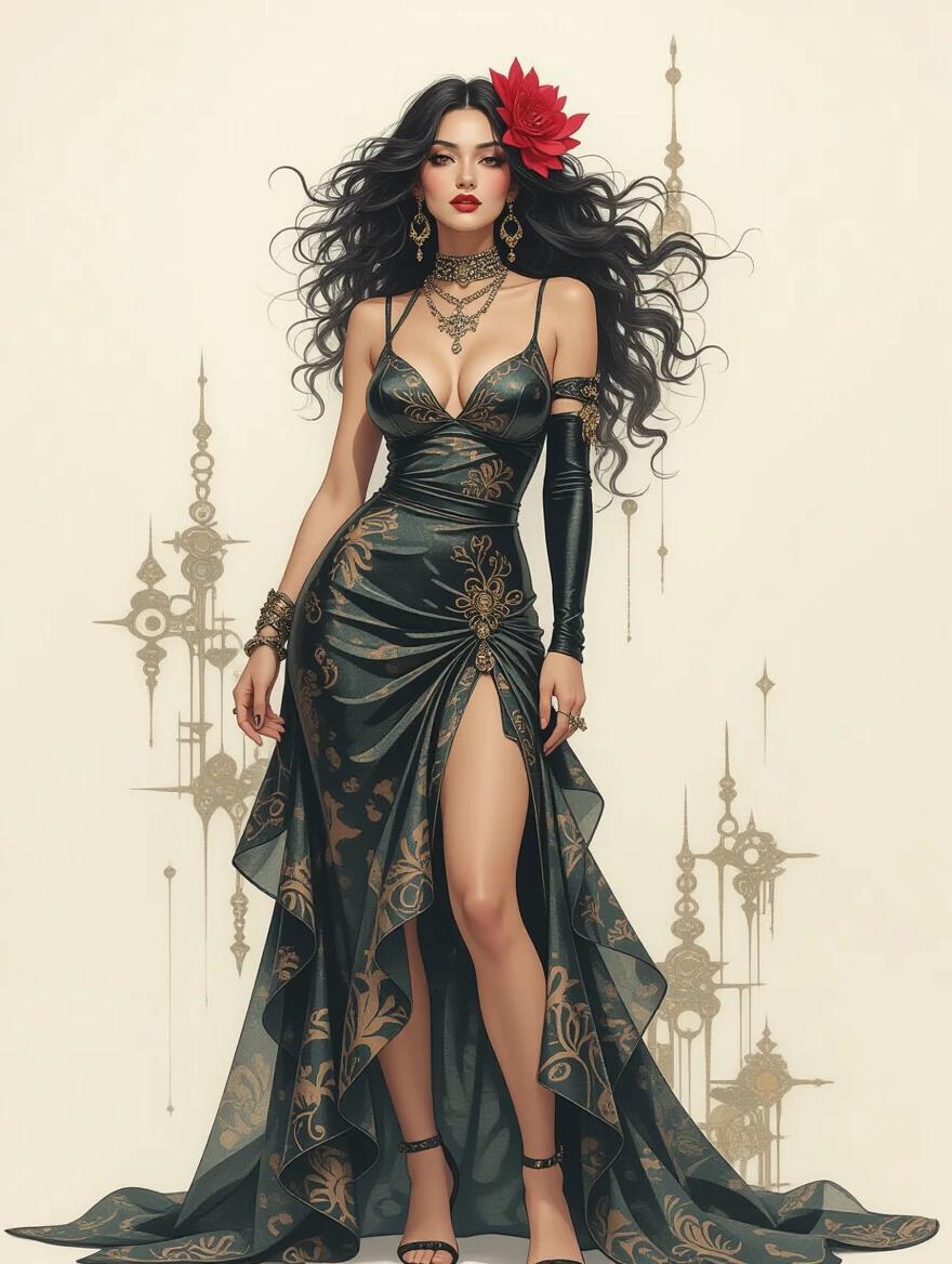 Full body portrayal of a glamorous woman wearing a stunning black and gold dress. The woman has flowing hair adorned with a red flower. Background features abstract designs.